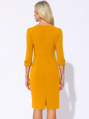 3/4 Sleeve Notch Neck Slim Fit Work Pencil Midi Dress