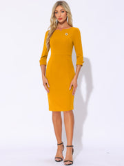 3/4 Sleeve Notch Neck Slim Fit Work Pencil Midi Dress