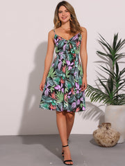 Summer Casual Beach V Neck Tie Front Rainbow Spaghetti Strap Dress