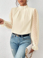 Wrinkle-Resistant Chiffon Mock Neck Sheer Long Sleeves Pleated Work & Business Blouse