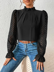 Wrinkle-Resistant Chiffon Mock Neck Sheer Long Sleeves Pleated Work & Business Blouse