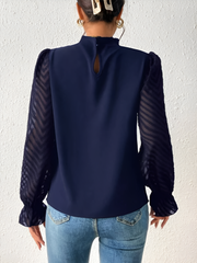 Wrinkle-Resistant Chiffon Mock Neck Sheer Long Sleeves Pleated Work & Business Blouse