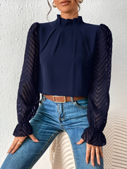 Wrinkle-Resistant Chiffon Mock Neck Sheer Long Sleeves Pleated Work & Business Blouse