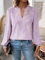 Mixed Pattern Paisley Lace Swiss Dots Smocked Long Sleeve Blouse