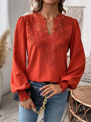 Mixed Pattern Paisley Lace Swiss Dots Smocked Long Sleeve Blouse