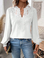 Mixed Pattern Paisley Lace Swiss Dots Smocked Long Sleeve Blouse