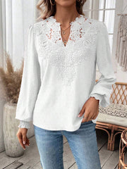 Mixed Pattern Paisley Lace Swiss Dots Smocked Long Sleeve Blouse
