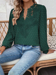 Mixed Pattern Paisley Lace Swiss Dots Smocked Long Sleeve Blouse