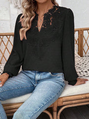 Mixed Pattern Paisley Lace Swiss Dots Smocked Long Sleeve Blouse