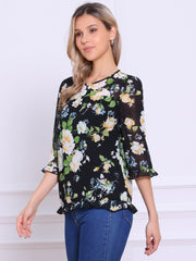Casual Ruffle 3/4 Sleeve Floral Print Chiffon Blouse