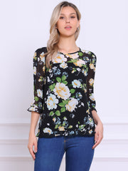 Casual Ruffle 3/4 Sleeve Floral Print Chiffon Blouse