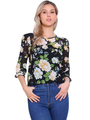 Casual Ruffle 3/4 Sleeve Floral Print Chiffon Blouse