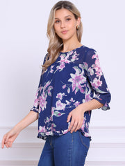 Casual Ruffle 3/4 Sleeve Floral Print Chiffon Blouse