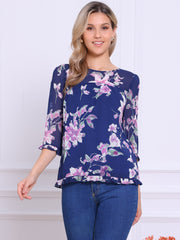 Casual Ruffle 3/4 Sleeve Floral Print Chiffon Blouse
