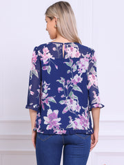 Casual Ruffle 3/4 Sleeve Floral Print Chiffon Blouse
