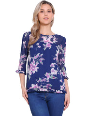 Casual Ruffle 3/4 Sleeve Floral Print Chiffon Blouse