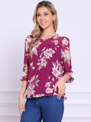 Casual Ruffle 3/4 Sleeve Floral Print Chiffon Blouse