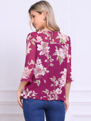 Casual Ruffle 3/4 Sleeve Floral Print Chiffon Blouse