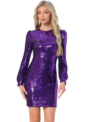 Sequin Lantern Long Sleeve Sparkle Bodycon Party Club Mini Dress