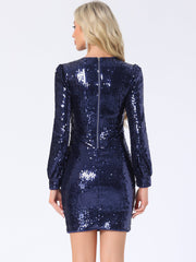 Sequin Lantern Long Sleeve Sparkle Bodycon Party Club Mini Dress