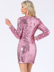 Sequin Lantern Long Sleeve Sparkle Bodycon Party Club Mini Dress