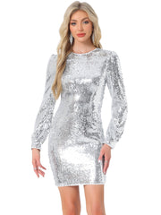 Sequin Lantern Long Sleeve Sparkle Bodycon Party Club Mini Dress