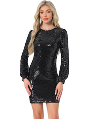 Sequin Lantern Long Sleeve Sparkle Bodycon Party Club Mini Dress