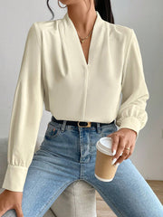 Classic Elegant V Neck Pleated Long Sleeves Solid Color Blouse
