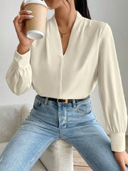 Classic Elegant V Neck Pleated Long Sleeves Solid Color Blouse