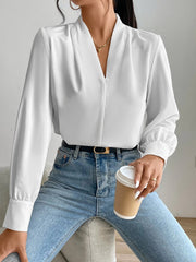 Classic Elegant V Neck Pleated Long Sleeves Solid Color Blouse