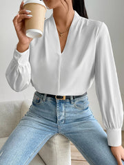 Classic Elegant V Neck Pleated Long Sleeves Solid Color Blouse