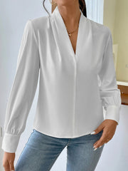 Classic Elegant V Neck Pleated Long Sleeves Solid Color Blouse