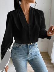 Classic Elegant V Neck Pleated Long Sleeves Solid Color Blouse