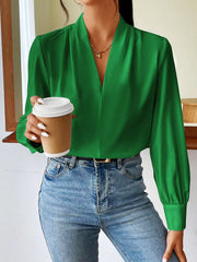 Classic Elegant V Neck Pleated Long Sleeves Solid Color Blouse