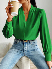 Classic Elegant V Neck Pleated Long Sleeves Solid Color Blouse