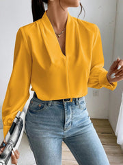 Classic Elegant V Neck Pleated Long Sleeves Solid Color Blouse