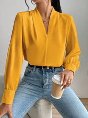 Classic Elegant V Neck Pleated Long Sleeves Solid Color Blouse