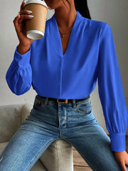 Classic Elegant V Neck Pleated Long Sleeves Solid Color Blouse