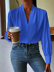 Classic Elegant V Neck Pleated Long Sleeves Solid Color Blouse