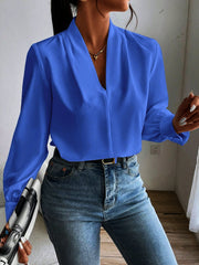 Classic Elegant V Neck Pleated Long Sleeves Solid Color Blouse