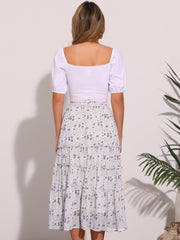 Chiffon Floral Printed Long Tiered Ruffle Boho Midi Skirt