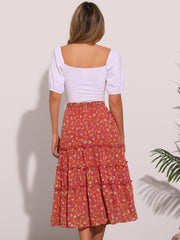 Chiffon Floral Printed Long Tiered Ruffle Boho Midi Skirt