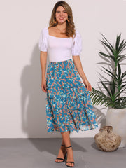 Chiffon Floral Printed Long Tiered Ruffle Boho Midi Skirt