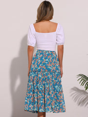 Chiffon Floral Printed Long Tiered Ruffle Boho Midi Skirt