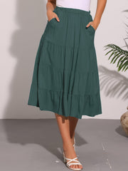 Midi Solid Elastic Waist Flare Tiered Long Pockets A-Line Skirt