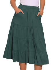 Midi Solid Elastic Waist Flare Tiered Long Pockets A-Line Skirt