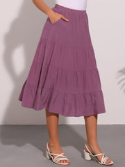 Midi Solid Elastic Waist Flare Tiered Long Pockets A-Line Skirt