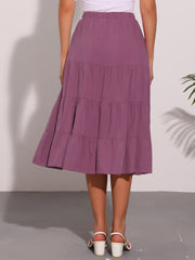 Midi Solid Elastic Waist Flare Tiered Long Pockets A-Line Skirt