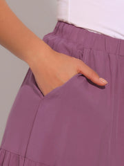 Midi Solid Elastic Waist Flare Tiered Long Pockets A-Line Skirt