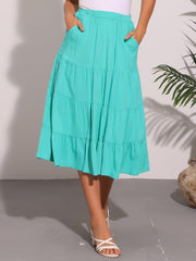 Midi Solid Elastic Waist Flare Tiered Long Pockets A-Line Skirt